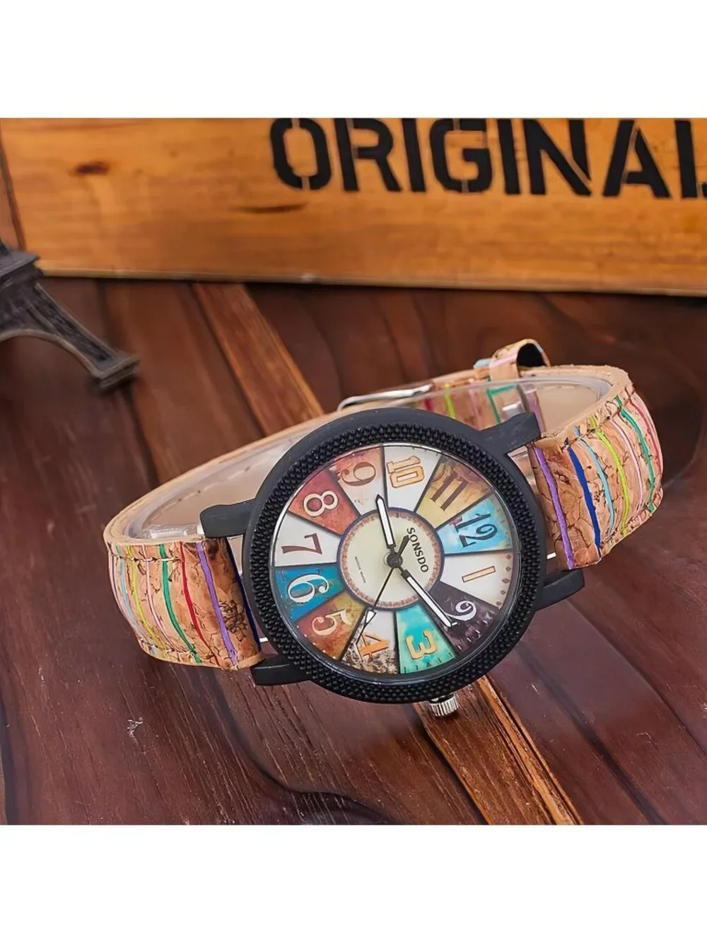 Women's Black Creative Multicolor Woven Strap Fashion Rainbow Pattern Watches